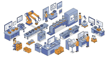Obraz premium Isometric factory automation vector illustration for industrial workflow design