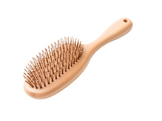 Wooden hairbrush with metal bristles isolated on transparent background for easy integration into...