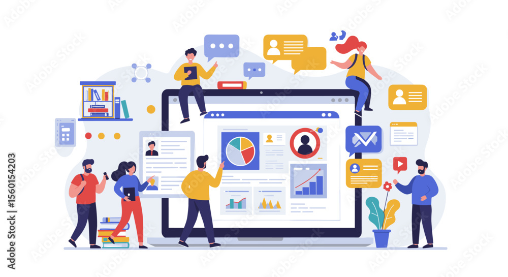 Poster collaborative teamwork and communication vector illustration for digital marketing and analytics des
