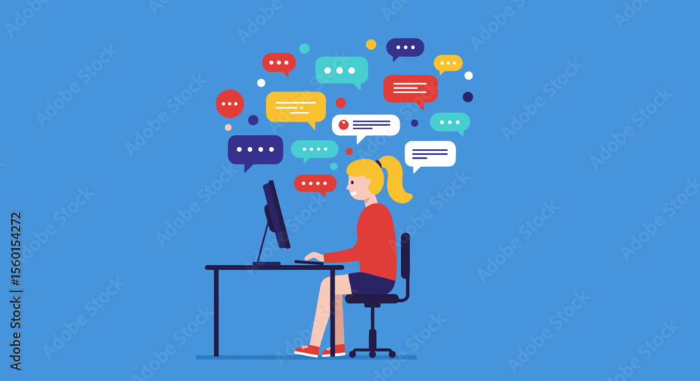 Poster communication and networking concept vector illustration of woman using computer with colorful speec