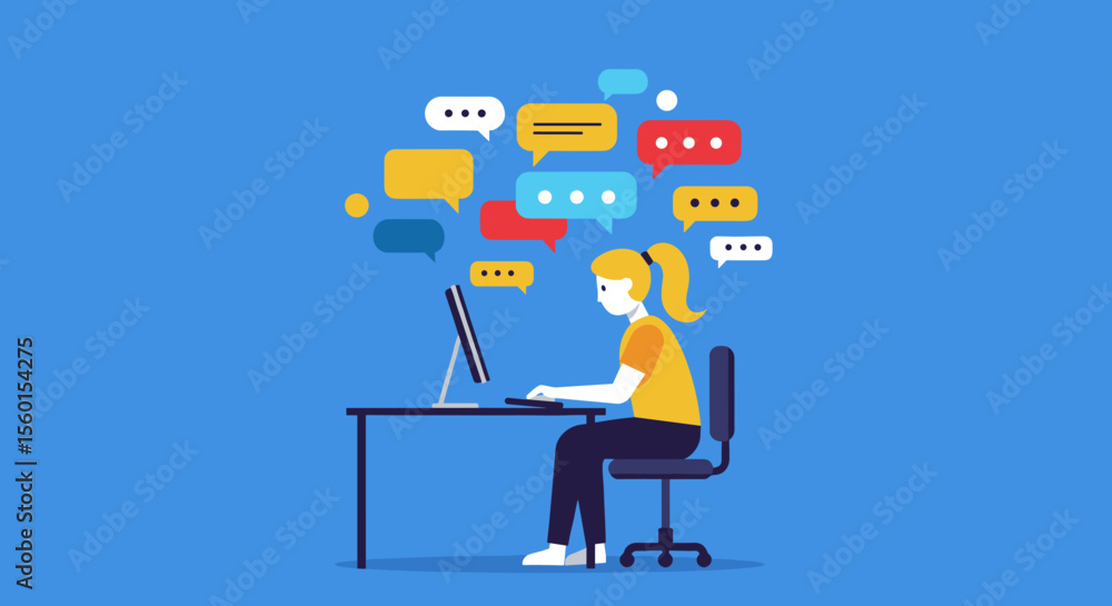Poster online communication vector illustration - woman chatting at computer in flat style for digital netw