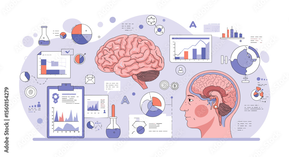 Aufkleber brain science and data analysis vector illustration for educational and research use in flat style