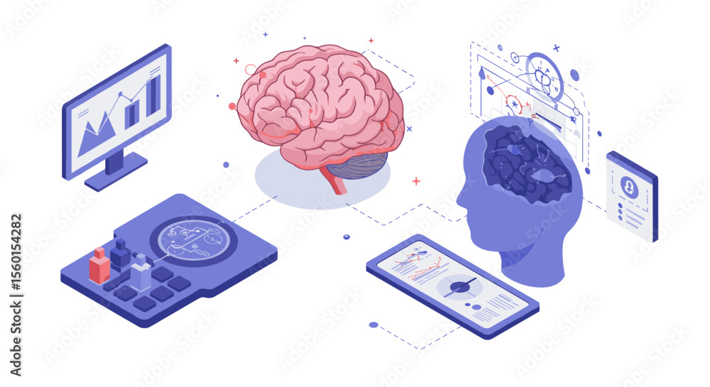 Poster isometric vector illustration of brain analysis and technology interface for educational design
