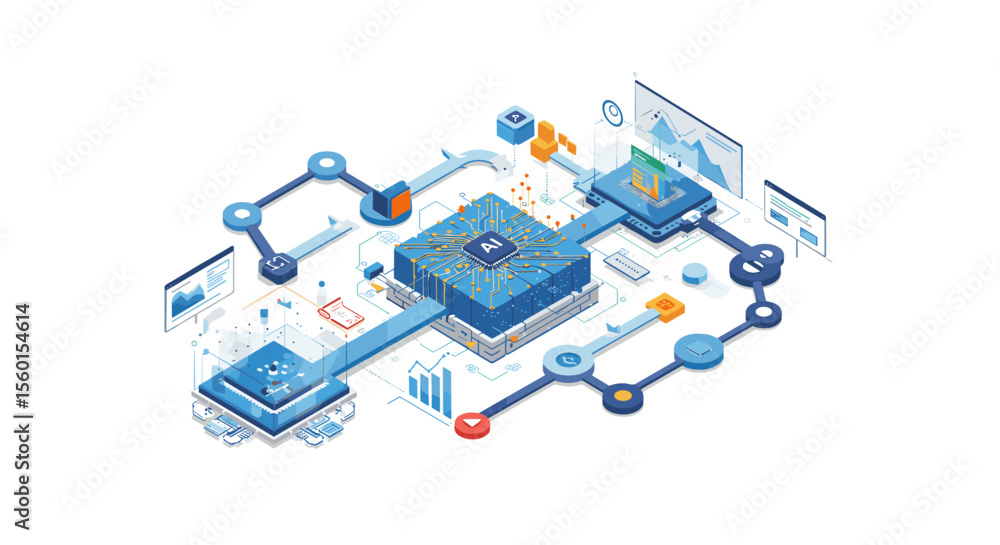 Poster isometric vector illustration of artificial intelligence and technology network for innovative desig