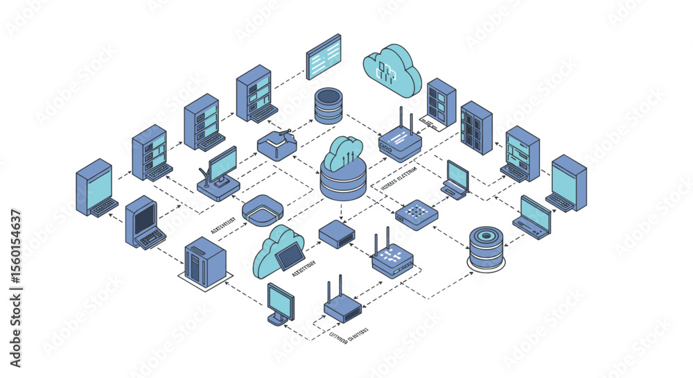 Poster isometric flat vector illustration of cloud networking system for digital design and education