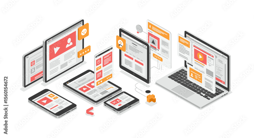 Poster digital media network isometric vector illustration for online communication and technology concepts