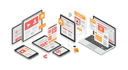 Obraz premium Digital media network isometric vector illustration for online communication and technology concepts