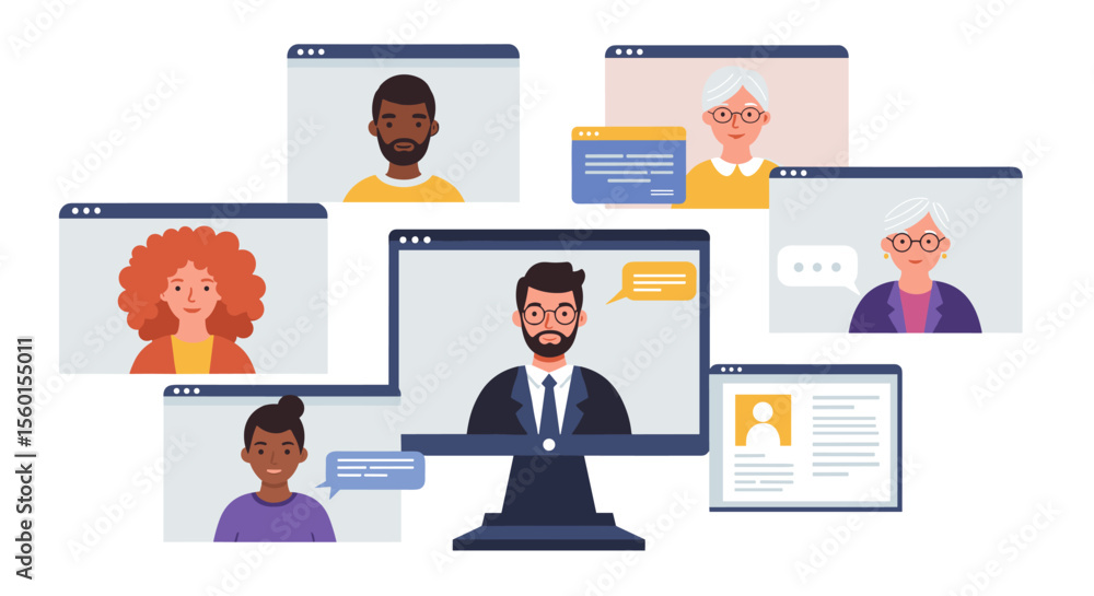 Poster virtual meeting concept vector illustration with diverse team on computer screen for online communic