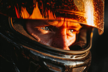 Racer's Focus: A close-up shot of a race car driver's intense gaze from behind a helmet, the visor reflecting the fiery sunset. The image conveys determination and focus.