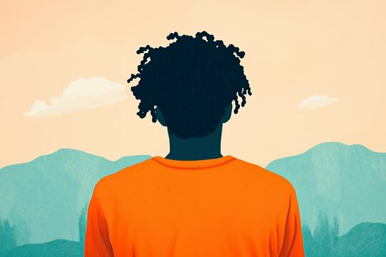 black man from back angle turns to look to the side, with orange shirt and curly afro hair	