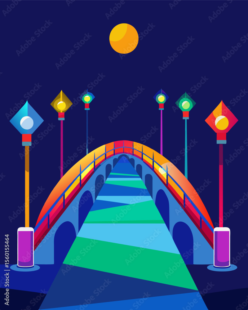 Poster a vibrant and colorful bridge utilizing solarpowered lights to create a unique and sustainable ambia