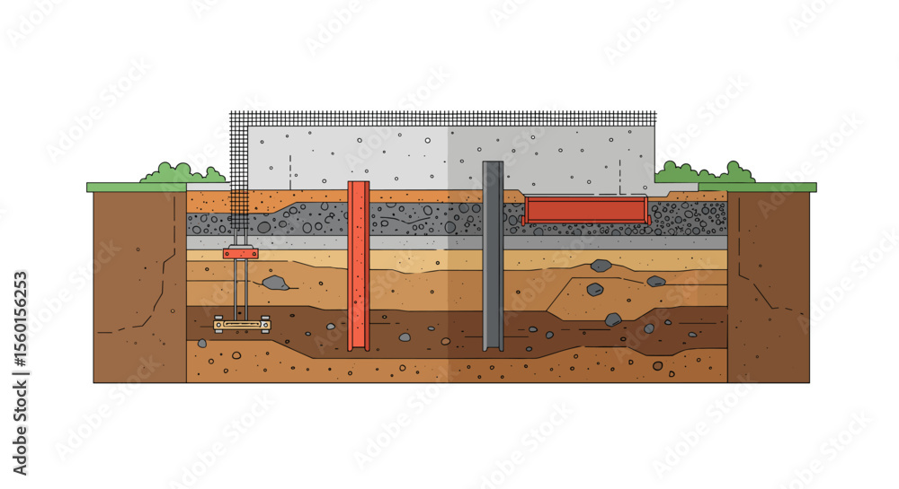 Poster Cross section of building foundation with soil layers vector illustration for engineering and educational use