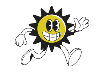 Fototapeta premium Retro cartoon sun character with a big smile and waving hand