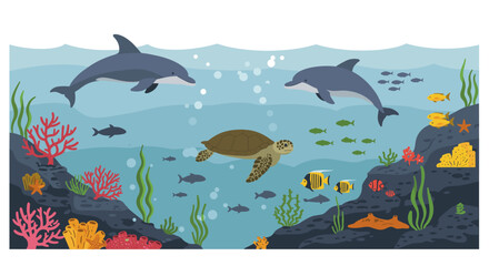 Ocean wildlife vector illustration featuring dolphins, sea turtle, and coral reefs for underwater adventure design