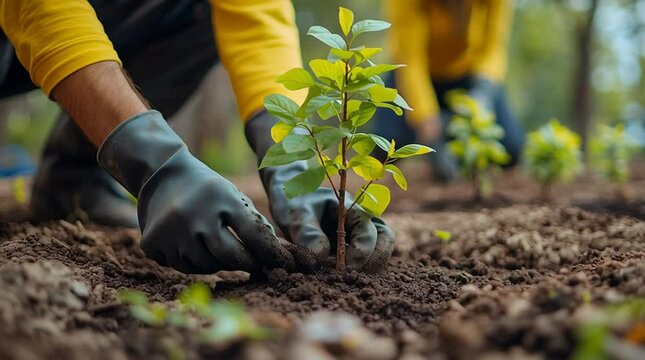 Hands planting young tree in soil with gloves, eco volunteering and reforestation effort