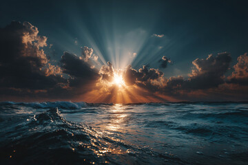 Ocean Sunset: Dramatic rays of sunlight burst through the clouds over the ocean, casting a golden glow on the water's surface, offering a moment of tranquility.