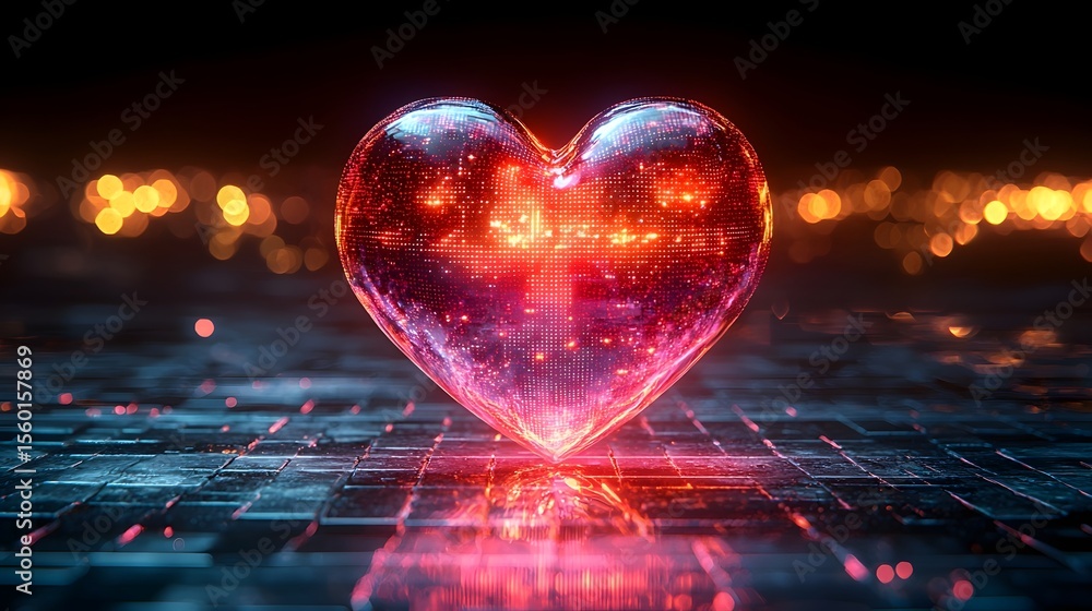 Poster glowing digital 3d heart pattern on a dark grid backdrop