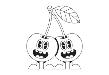 Two happy cartoon cherries with big eyes and wide smiles standing on legs