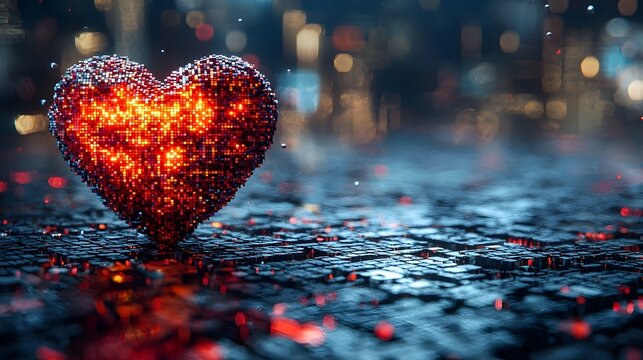 Pixelated 3D heart pattern floating over a dark grid background