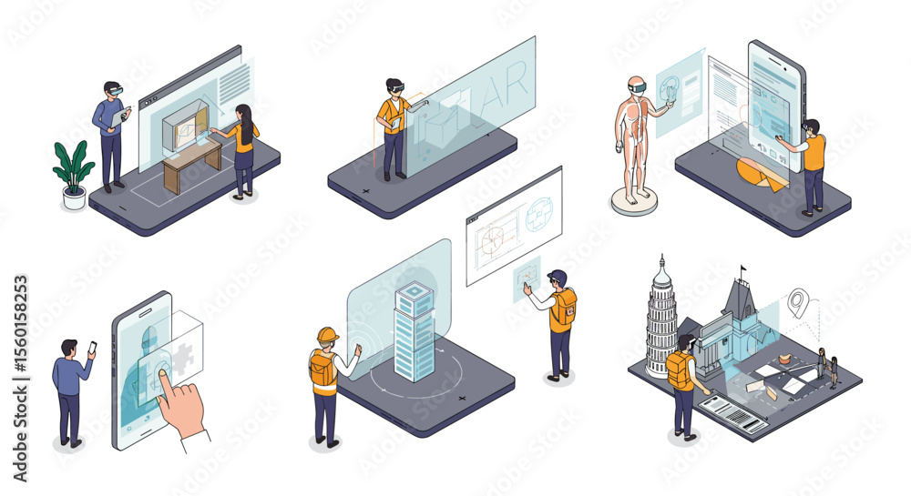 Poster isometric smart technology and augmented reality vector illustration for innovative design projects
