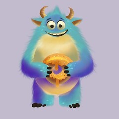 Cute blue

monster with donut on pastel

background