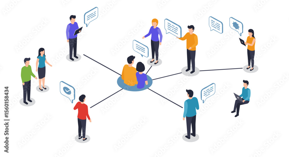 Poster isometric vector illustration of team communication and collaboration for networking design