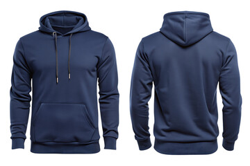 Navy blue hoodie mockup front and back view on transparent background