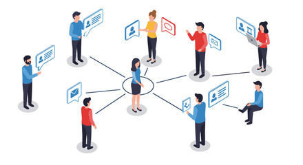 Isometric business communication network vector illustration for team collaboration design