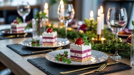 Fototapeta premium A beautifully plated dessert with a glass of red wine on a rustic wooden table, surrounded by lush greenery and other sweet treats.