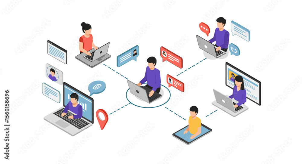 Poster remote work and communication concept vector illustration in isometric style for digital collaborati