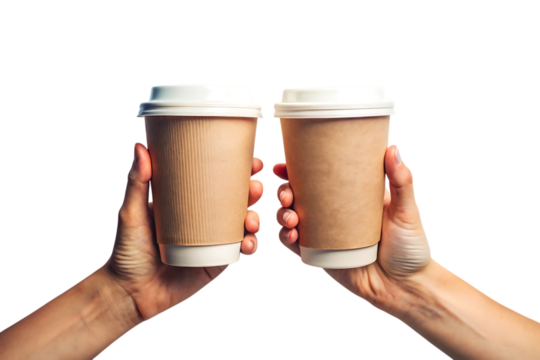 Two hands holding coffee cups on transparent background - Powered by Adobe