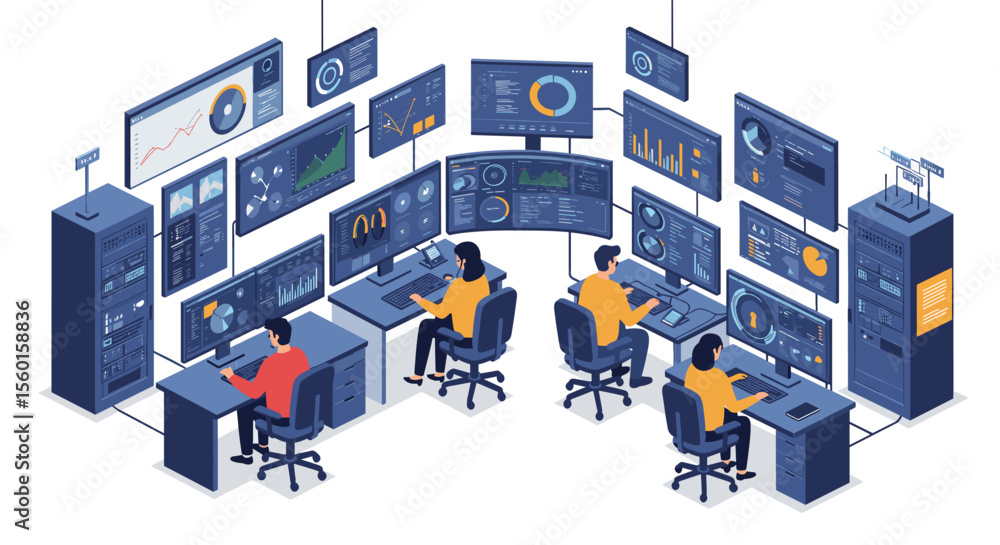 Poster isometric control room operations vector illustration for technology and security design