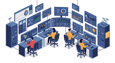 Isometric control room operations vector illustration for technology and security design
