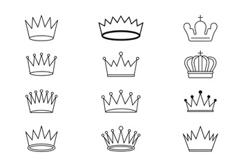 Collection of twelve simple black line art crown icons on a white background