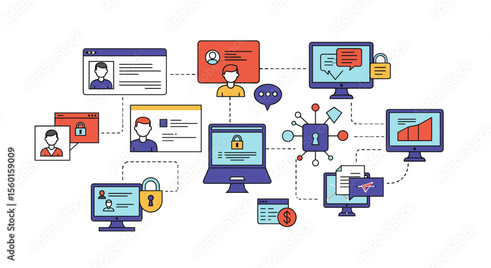 Aufkleber cybersecurity and data protection network vector illustration for technology and it solutions