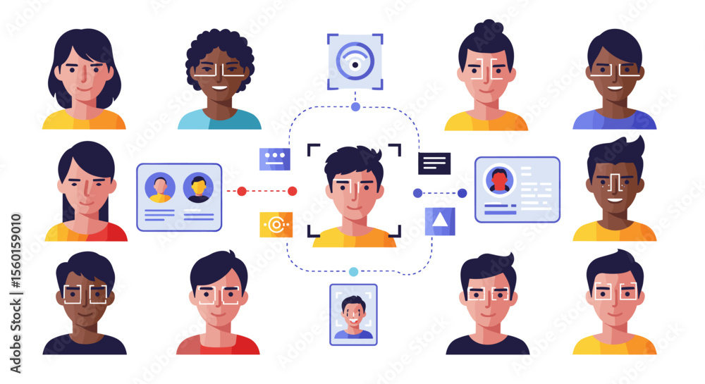 Poster diverse characters network vector illustration for digital identity and technology design