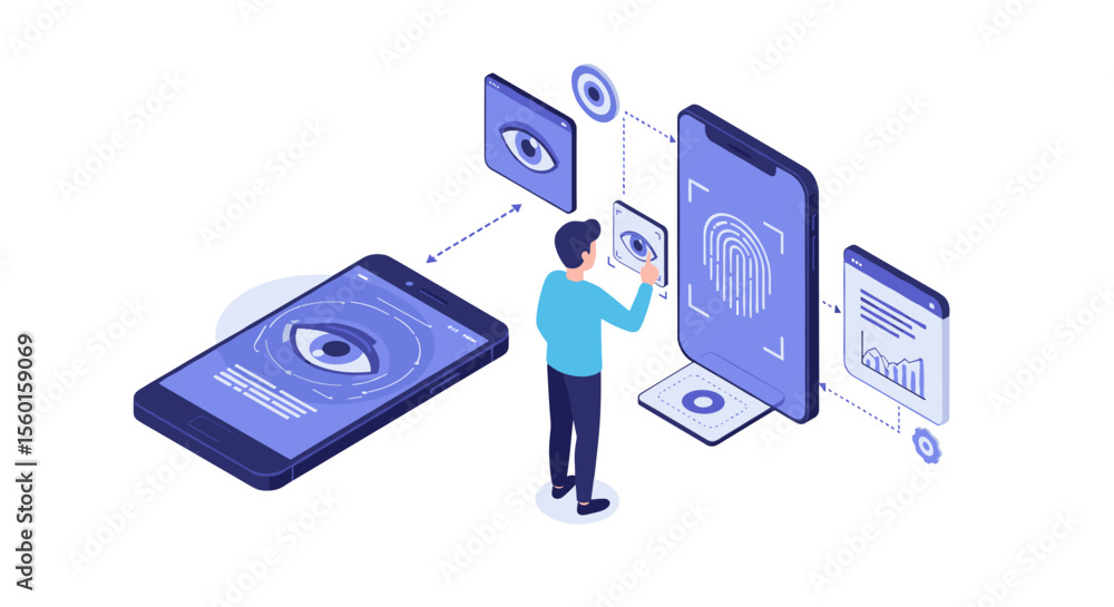 Poster futuristic biometric security concept with fingerprint and eye scan in isometric vector illustration