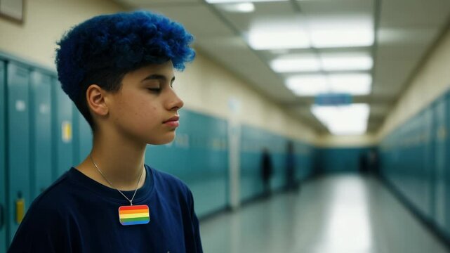 Young student showing rainbow lanyard in school hallway