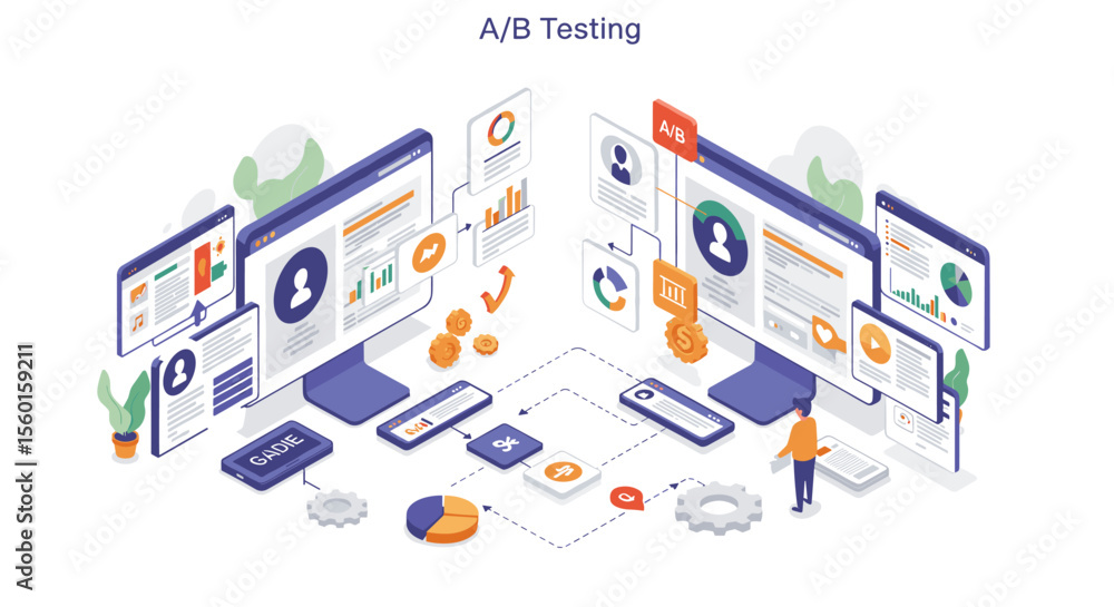 Poster isometric vector illustration of a/b testing process for marketing analytics and web design