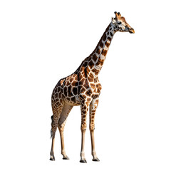 Naklejka premium A tall giraffe with brown and white spots stands gracefully, isolated on transparent background in a wildlife setting