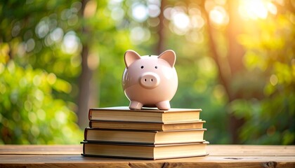 money in a piggy bank on top of books