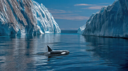 Fototapeta premium Orca swimming in calm arctic ocean between towering icebergs, peaceful atmosphere, blue sky, natural wildlife scene