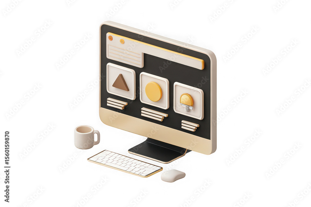 Fototapete Modern computer setup with keyboard mouse and coffee cup on white background