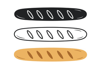 Three stylized loaves of bread in black outline and solid colors on white background