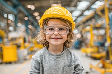Cute kid with yellow helmet and safety glasses in industrial factory. It shows learning future skills, safety, and the next generation of workers.