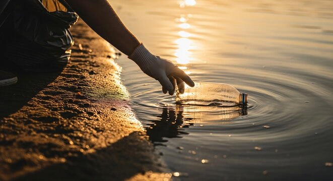 A person is actively cleaning up a plastic bottle from the water's edge during sunset or sunrise, demonstrating an effort to protect the environment from pollution.