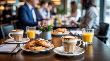  Colleagues in suits enjoy coffee and biscotti during a blurred background business meeting, symbolizing collaboration and productive discussion.