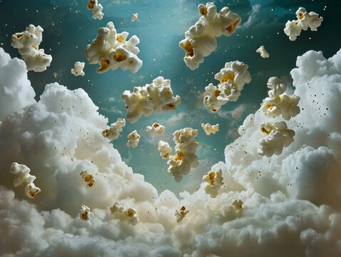 A whimsical popcorn explosion, kernels transforming into tiny clouds floating in a surreal dreamscape