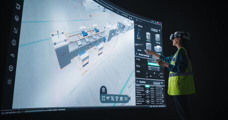 Female Designer in Virtual Reality Headset Expertly Crafts an Automated Factory Layout on a Large...