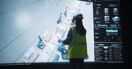 Robotics Specialist Programs a Group of Robotic Arms with the Help of Virtual Reality Metaverse....